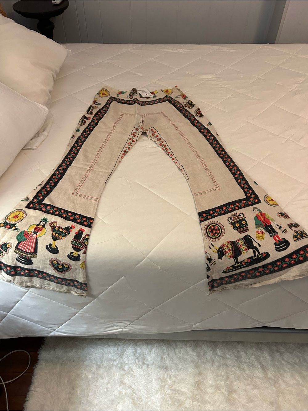 Vintage Boho Cream Printed women’s Linen Pants with Colorful Folk Motifs